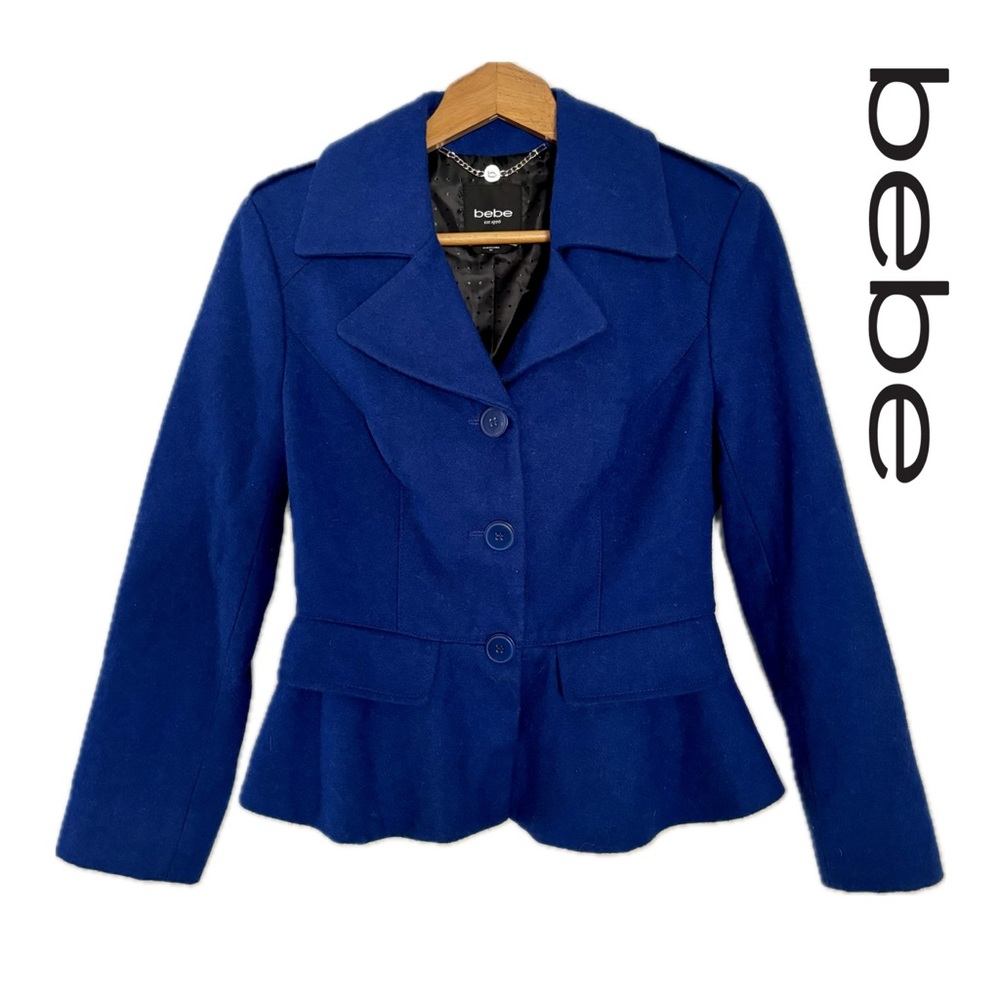 BEBE • Vintage Wool Blend Peplum Jacket in Royal Blue • EUC • Size XS